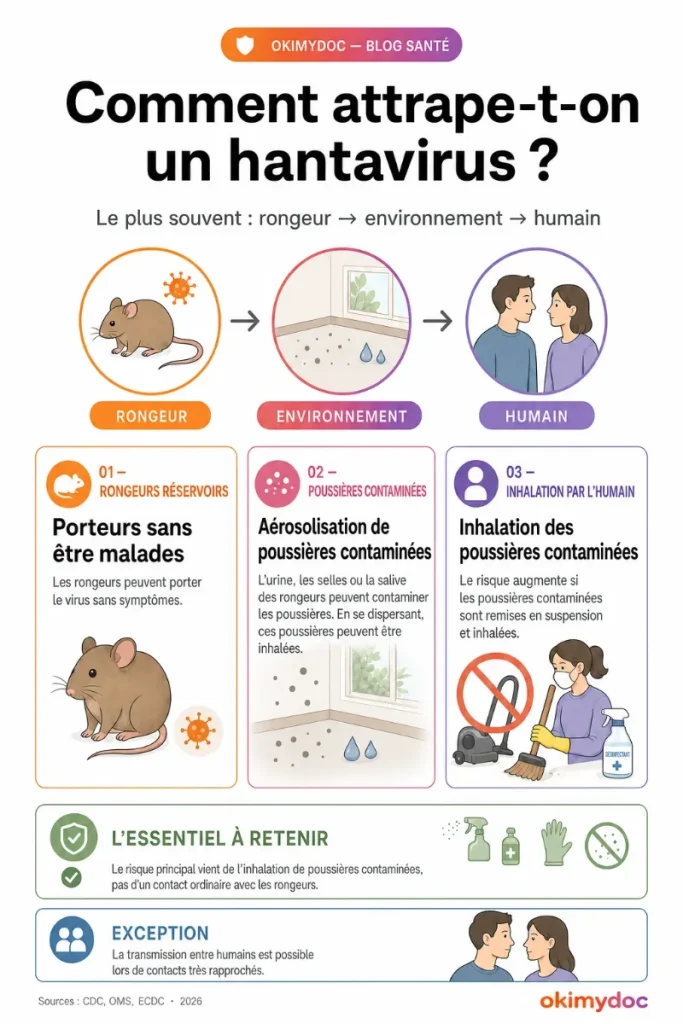 Schéma illustrant la transmission des hantavirus via les rongeurs, l'environnement et l'inhalation par l'humain.