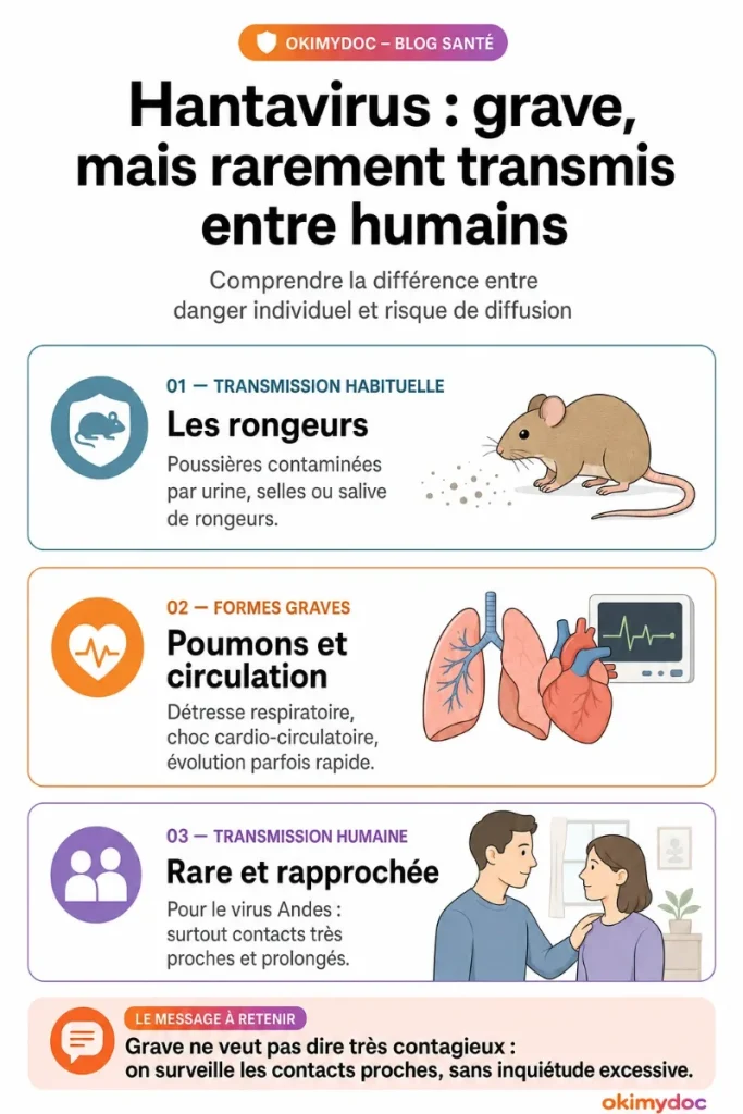 Infographie expliquant la transmission et la gravité des hantavirus.