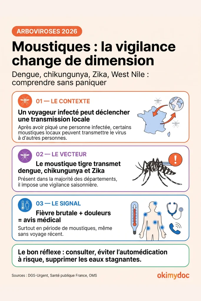 Infographie sur la vigilance autour des moustiques et arboviroses en 2026.