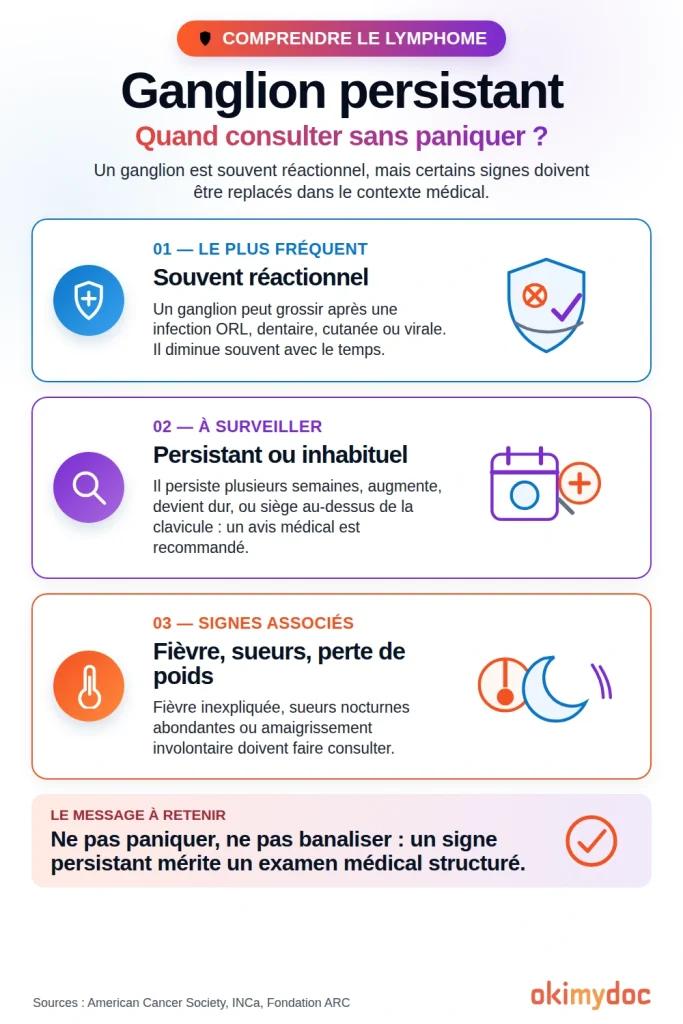 Infographie sur les signes d'un ganglion persistant nécessitant une consultation médicale.