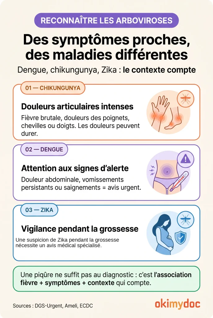 Infographie précisant les différences entre les symptômes du chikungunya, de la dengue et du Zika.