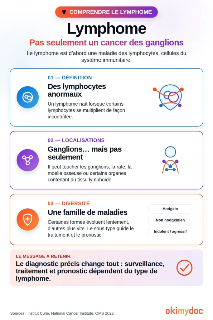 Infographie sur le lymphome, expliquant qu'il s'agit d'une maladie des lymphocytes du système immunitaire.