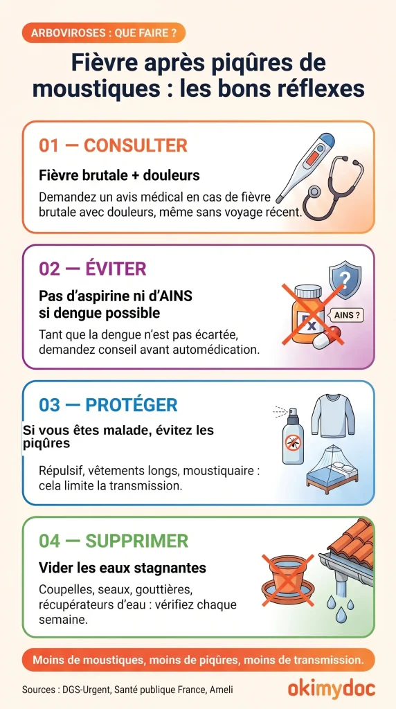 Infographie sur les réflexes à adopter après une piqûre de moustique.