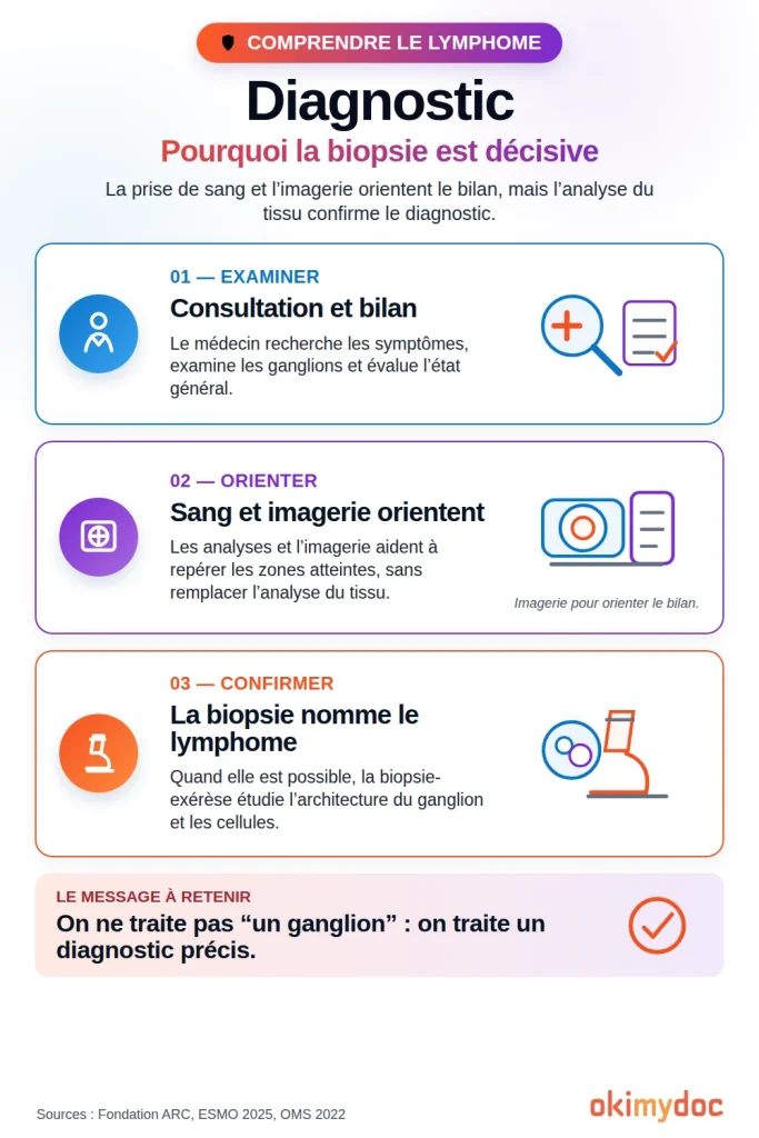 Infographie expliquant le diagnostic du lymphome par biopsie.