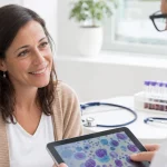 Consultation médicale avec explication des résultats de tests sanguins sur une tablette.