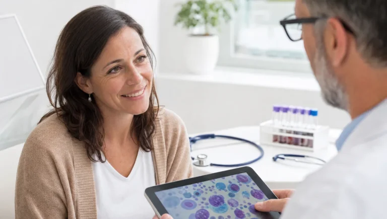 Consultation médicale avec explication des résultats de tests sanguins sur une tablette.