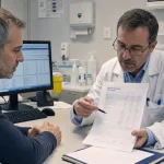 Un médecin montre des résultats de tests médicaux à un patient lors d'une consultation.