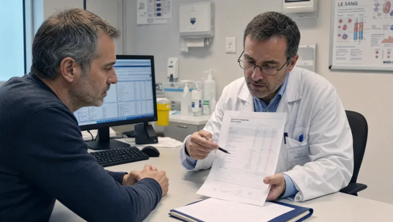 Un médecin montre des résultats de tests médicaux à un patient lors d'une consultation.