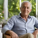 Homme souriant assis dans un fauteuil, fond de verdure.
