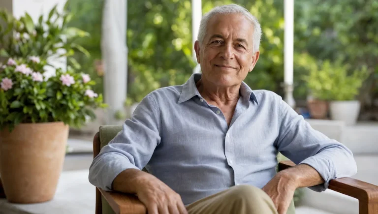 Homme souriant assis dans un fauteuil, fond de verdure.