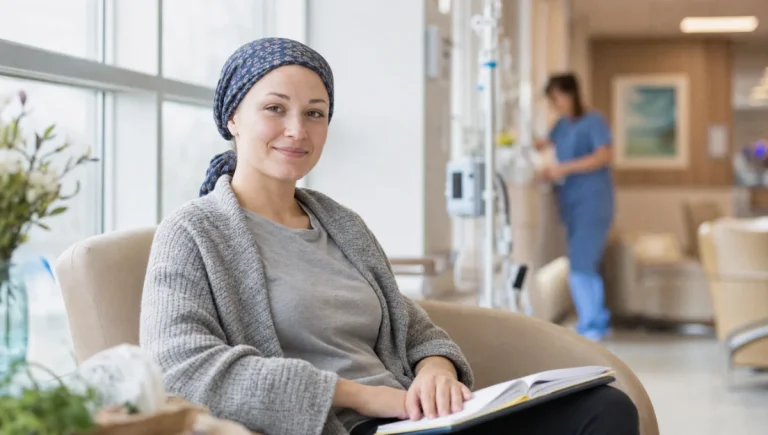 Une femme portant un foulard, assise dans un fauteuil, dans un environnement médical.