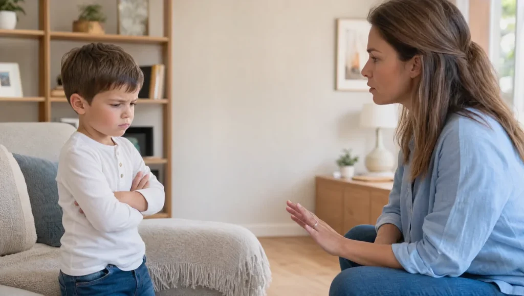 Une mère parle à son enfant avec calme dans un salon.