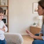 Une mère parle à son enfant avec calme dans un salon.