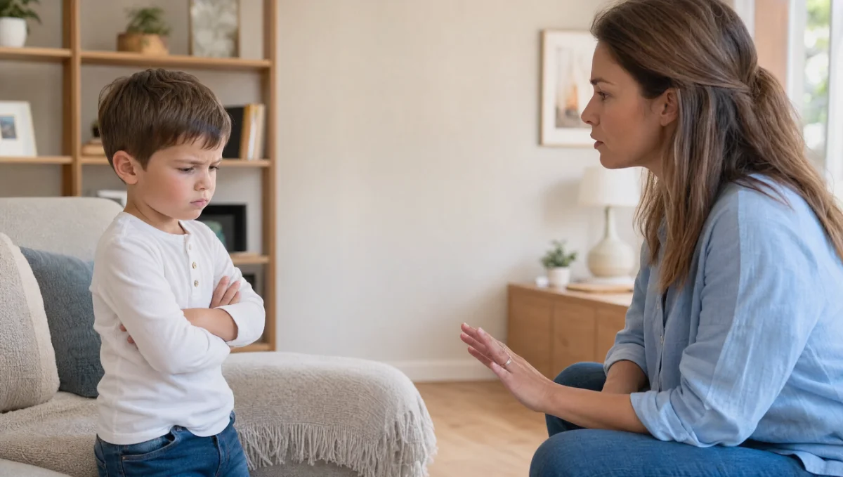 Une mère parle à son enfant avec calme dans un salon.