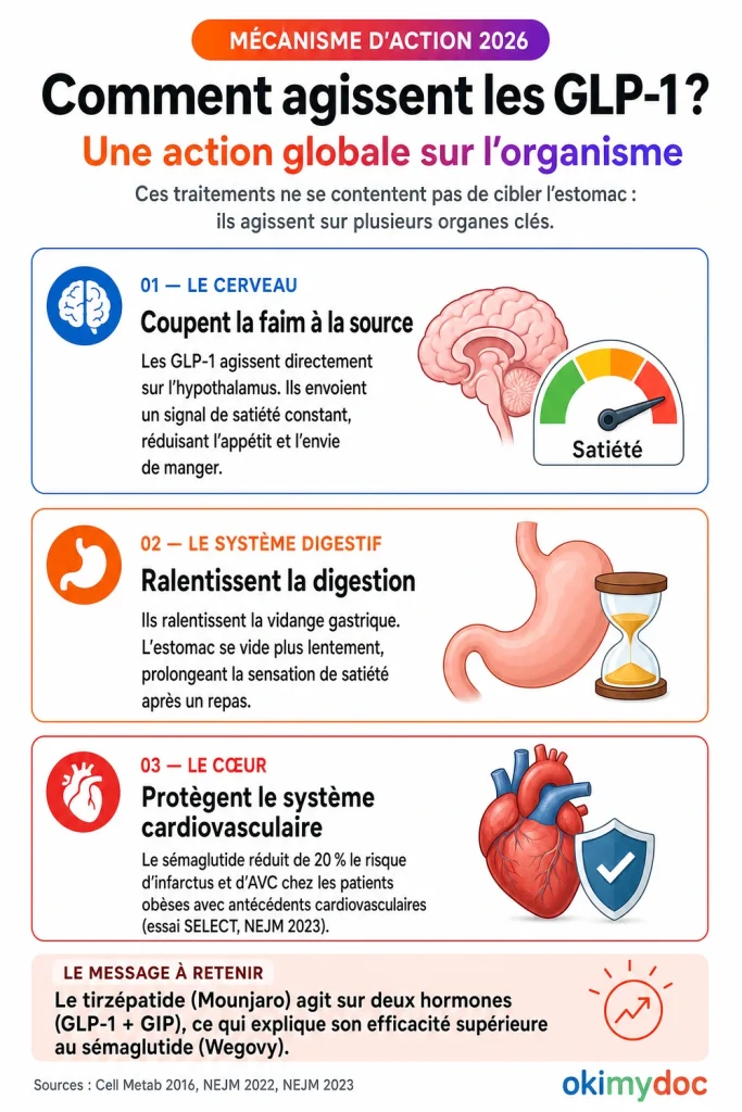 Infographie sur le mécanisme d'action des analogues du GLP-1.