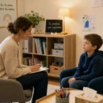 Une thérapeute parlant avec un enfant dans un environnement chaleureux et sécurisant.