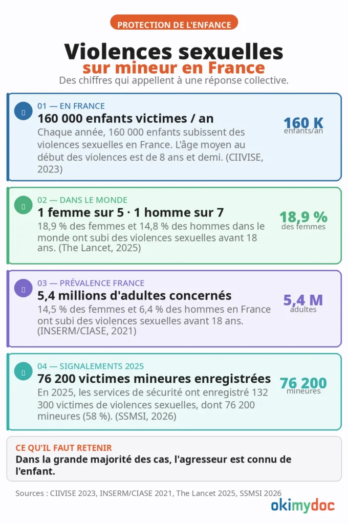 Infographie sur les violences sexuelles sur mineur en France avec des statistiques clés.