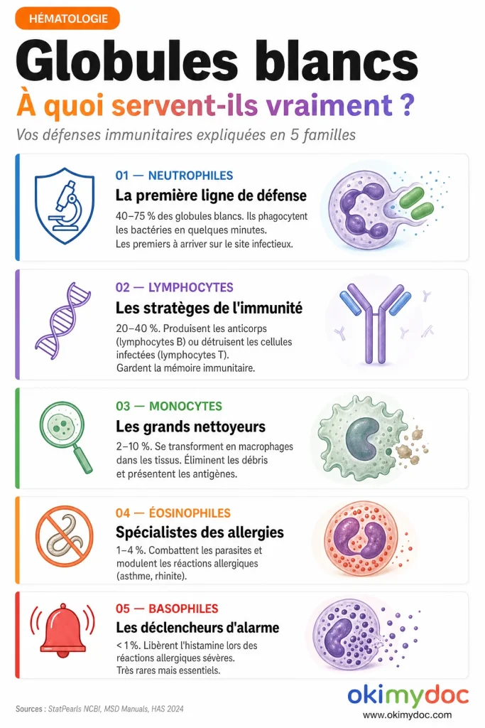 Infographie décrivant les cinq types de globules blancs et leurs rôles.