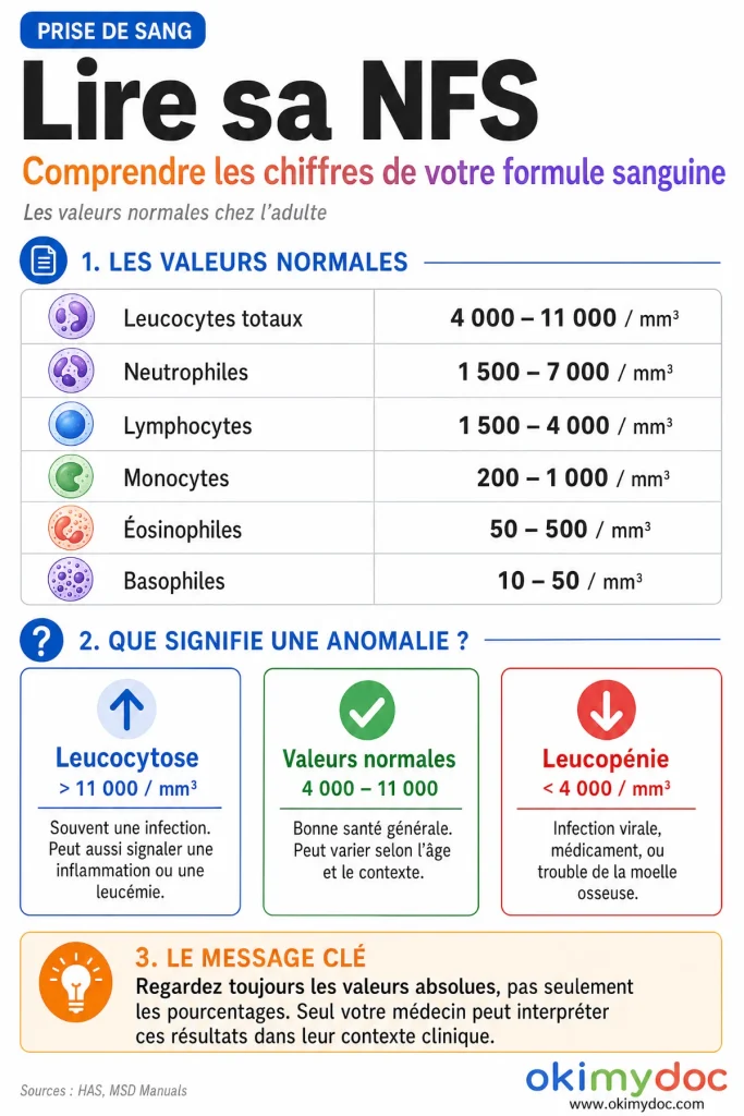 Infographie sur l'interprétation de la NFS : valeurs normales des leucocytes et signification des anomalies.