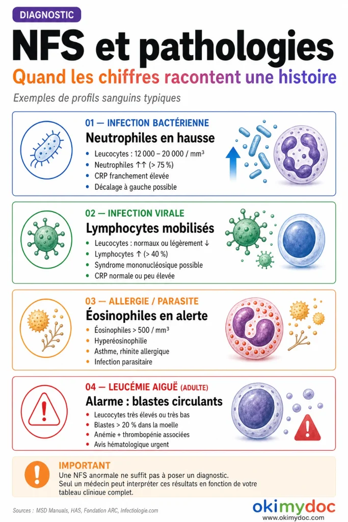 Infographie des profils sanguins typiques dans différentes pathologies.