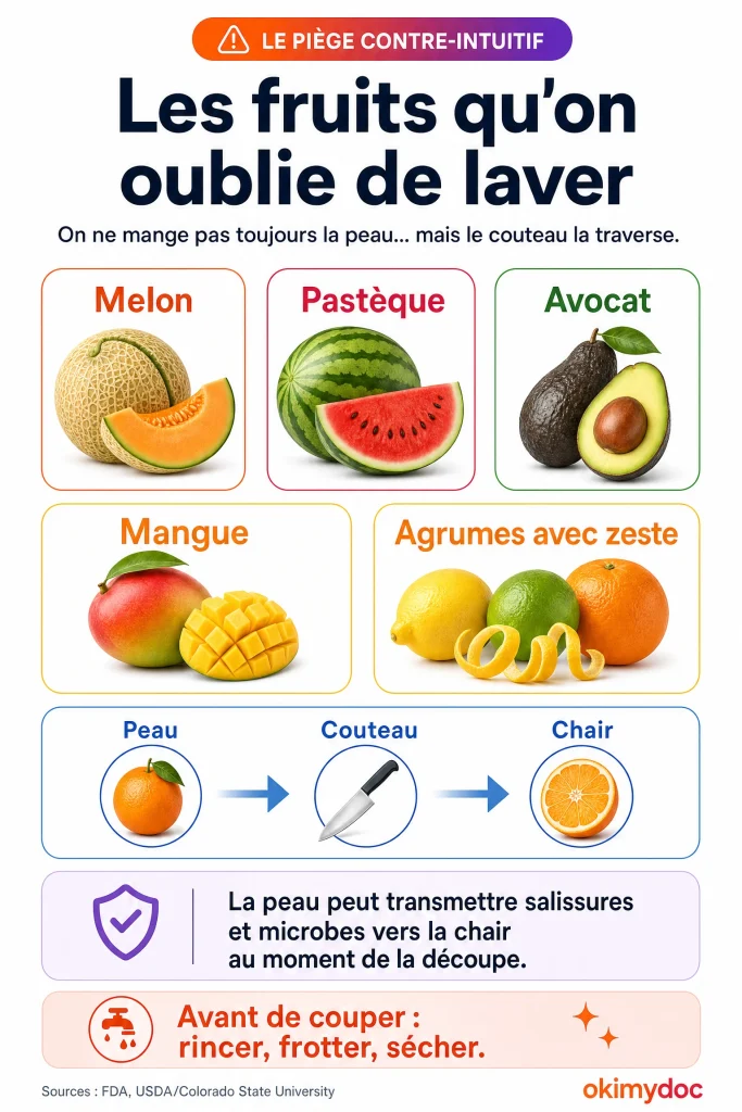Infographie présentant les fruits que l'on oublie souvent de laver, comme le melon, la pastèque, l'avocat, la mangue et les agrumes avec zeste.