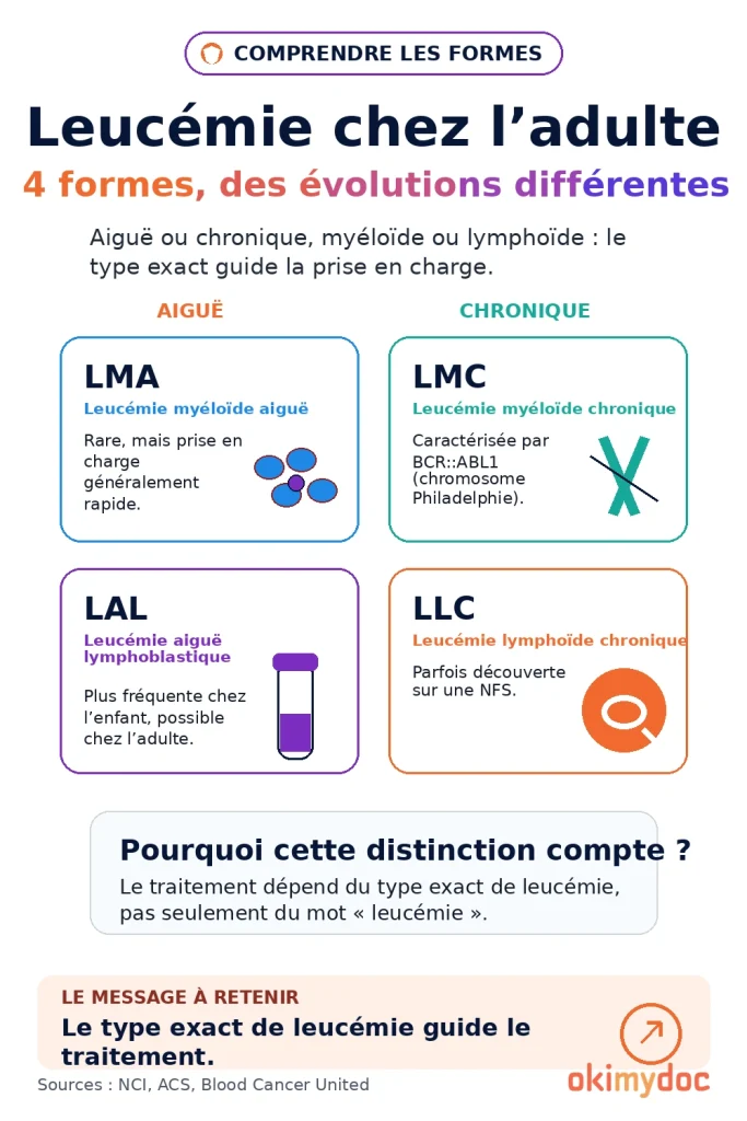 Infographie expliquant les quatre formes de leucémie chez l'adulte.