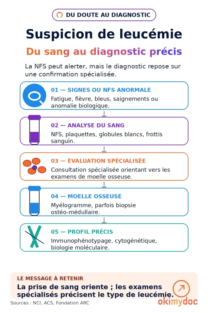 Infographie sur le processus de diagnostic de la leucémie, de la suspicion initiale à l'établissement d'un profil précis grâce à divers examens.