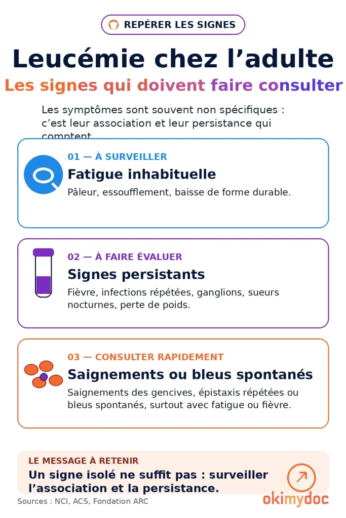 Infographie sur les signes de la leucémie chez l’adulte : fatigue, signes persistants, saignements.