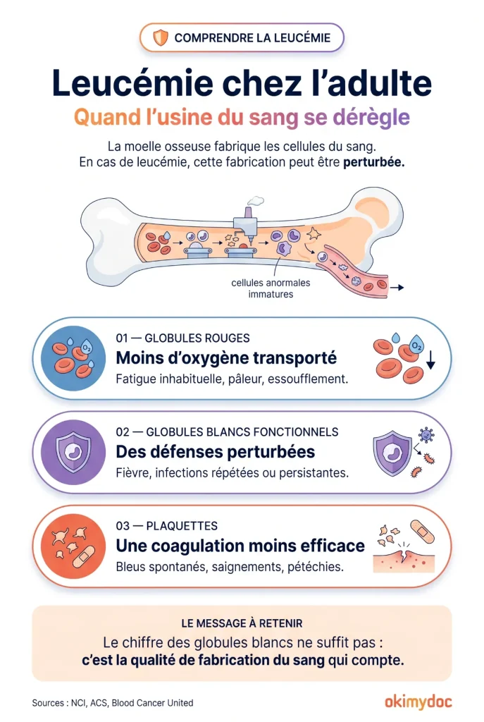 Infographie expliquant la leucémie chez l'adulte et le rôle perturbé de la moelle osseuse.