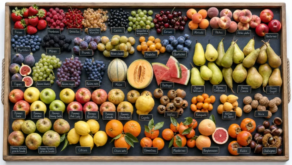 Plateau diversifié de fruits frais assortis, comme fraises, raisins, melons et poires.