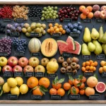 Plateau diversifié de fruits frais assortis, comme fraises, raisins, melons et poires.