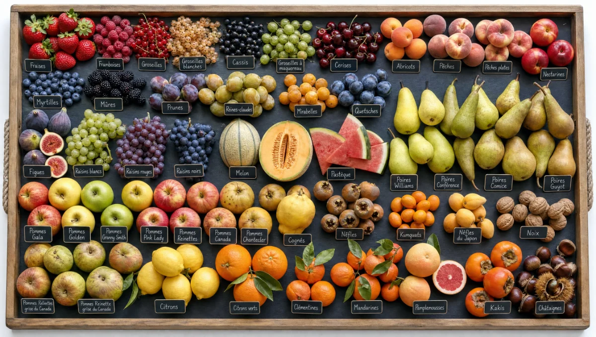 Plateau diversifié de fruits frais assortis, comme fraises, raisins, melons et poires.