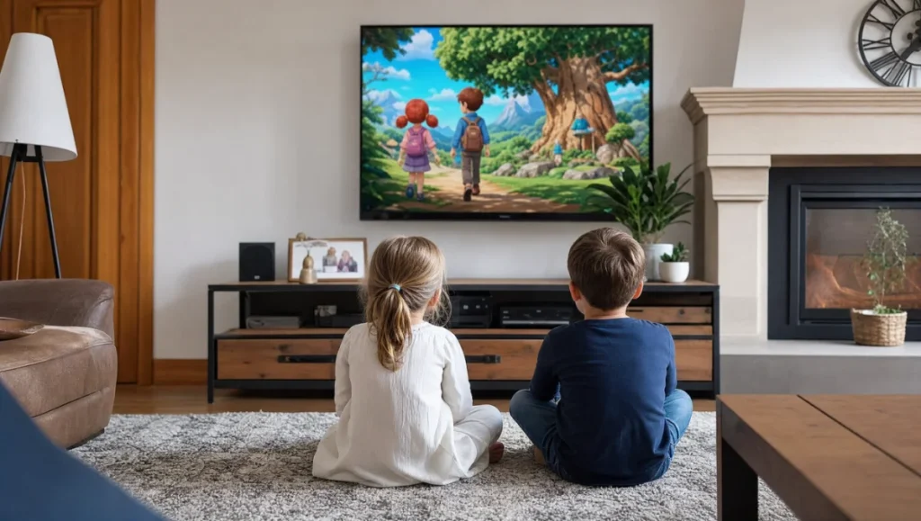 Deux enfants regardent un dessin animé éducatif sur un écran de télévision dans un salon moderne.