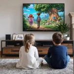 Deux enfants regardent un dessin animé éducatif sur un écran de télévision dans un salon moderne.