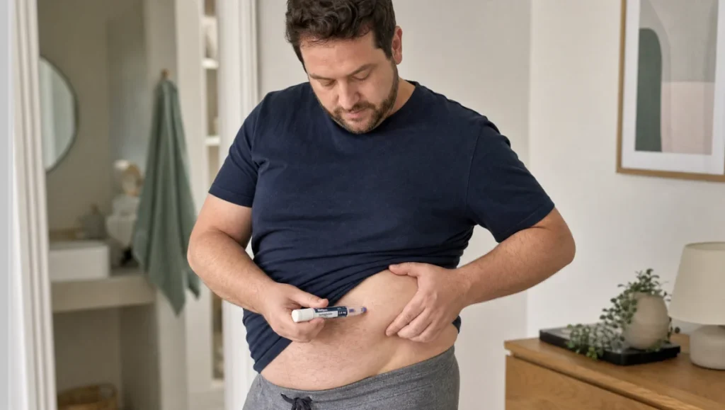 Homme s'injectant un médicament dans l'abdomen.
