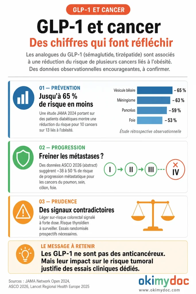 Infographie sur l'impact des analogues du GLP-1 dans la prévention et progression des cancers liés à l'obésité.