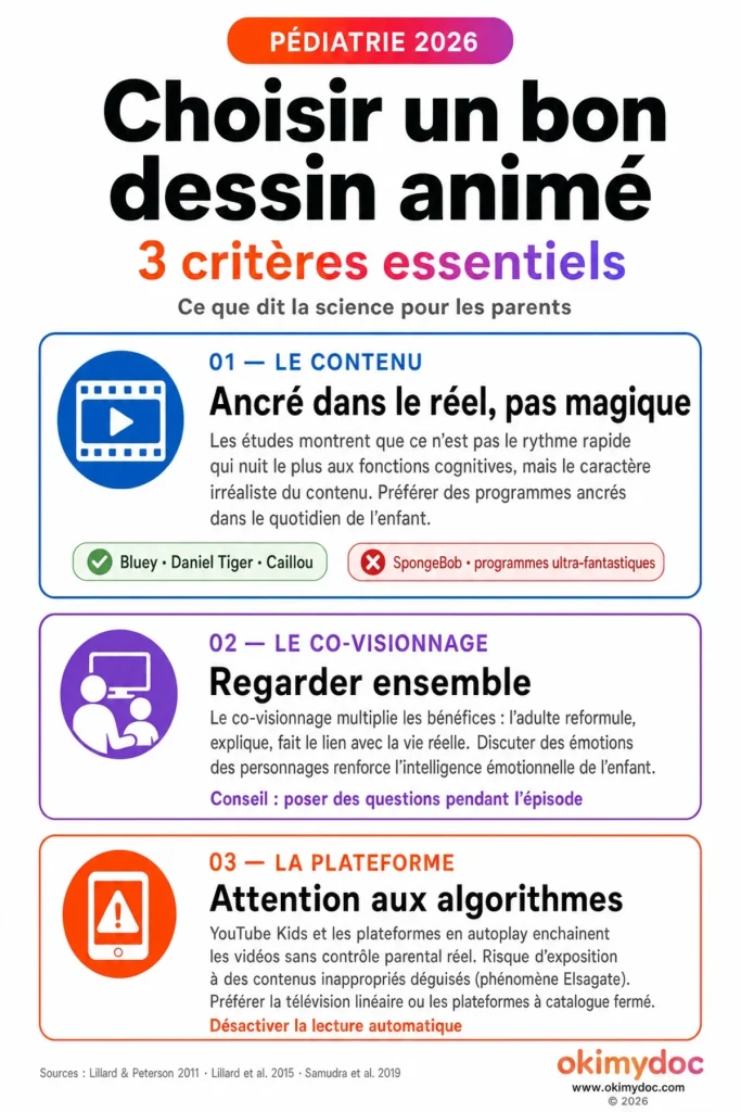 Infographie sur le choix des dessins animés pour les enfants selon trois critères essentiels.
