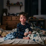 Un enfant en pyjama assis dans un lit, visiblement perturbé dans une chambre faiblement éclairée.