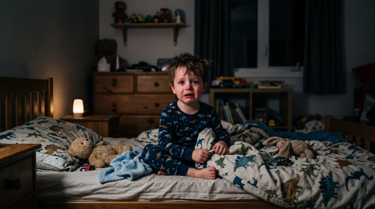 Un enfant en pyjama assis dans un lit, visiblement perturbé dans une chambre faiblement éclairée.