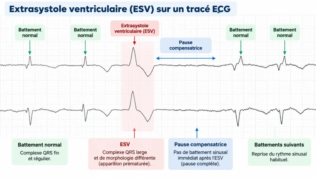 Tracé ECG montrant une extrasystole ventriculaire avec pause compensatrice.