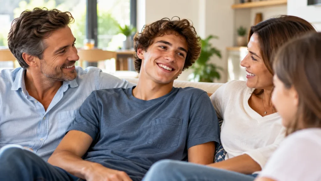 Famille souriante assise ensemble sur un canapé.