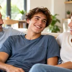 Famille souriante assise ensemble sur un canapé.