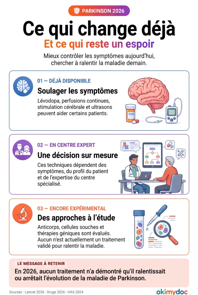 Infographie sur les traitements de la maladie de Parkinson en 2026.