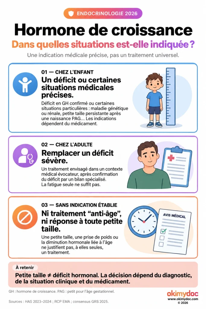 Illustration expliquant les situations où l'hormone de croissance est indiquée, pour enfants et adultes.