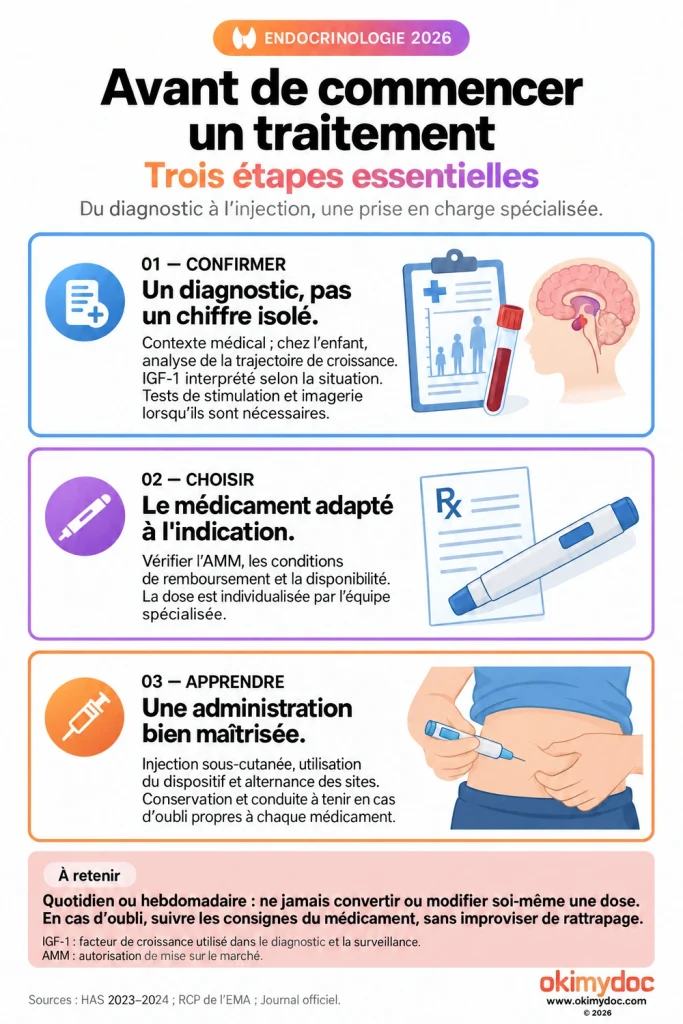 Infographie montrant les trois étapes essentielles avant de commencer un traitement par hormone de croissance.