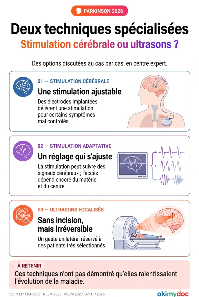 Infographie sur deux techniques spécialisées pour le traitement de la maladie de Parkinson en 2026 : stimulation cérébrale et ultrasons focalisés.