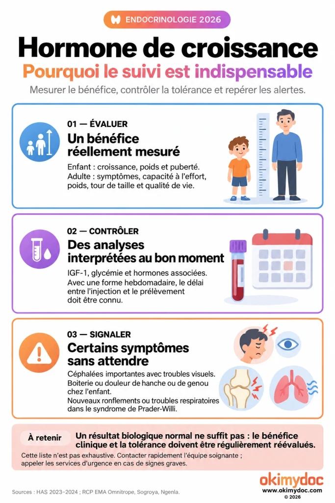 Infographie sur le suivi de l'hormone de croissance avec trois étapes clés : évaluer, contrôler, signaler.