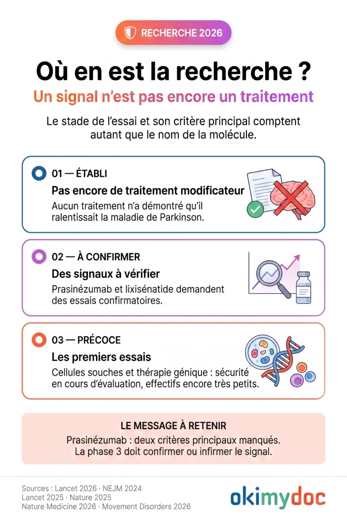 Infographie sur l'état de la recherche en 2026 concernant la maladie de Parkinson.