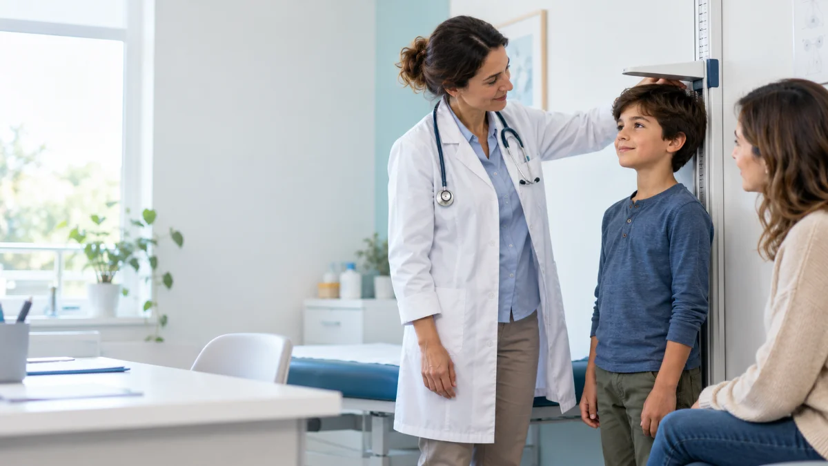 Un médecin mesure la taille d'un enfant dans un cabinet médical.