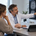 Un médecin explique un scanner cérébral à une femme dans un bureau.